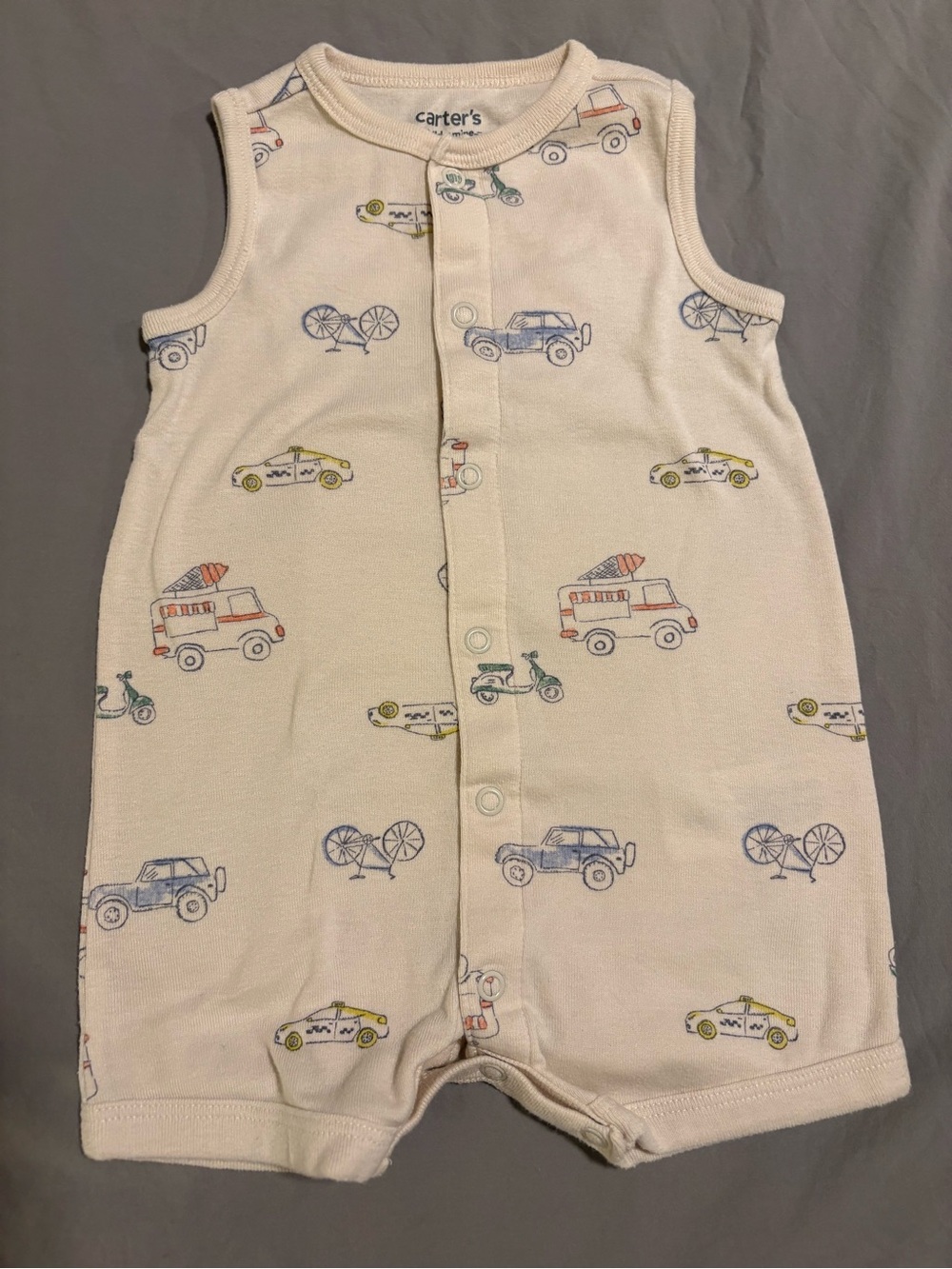 Carter's 6M Sleeveless Cream Snap Romper - Transportation Print